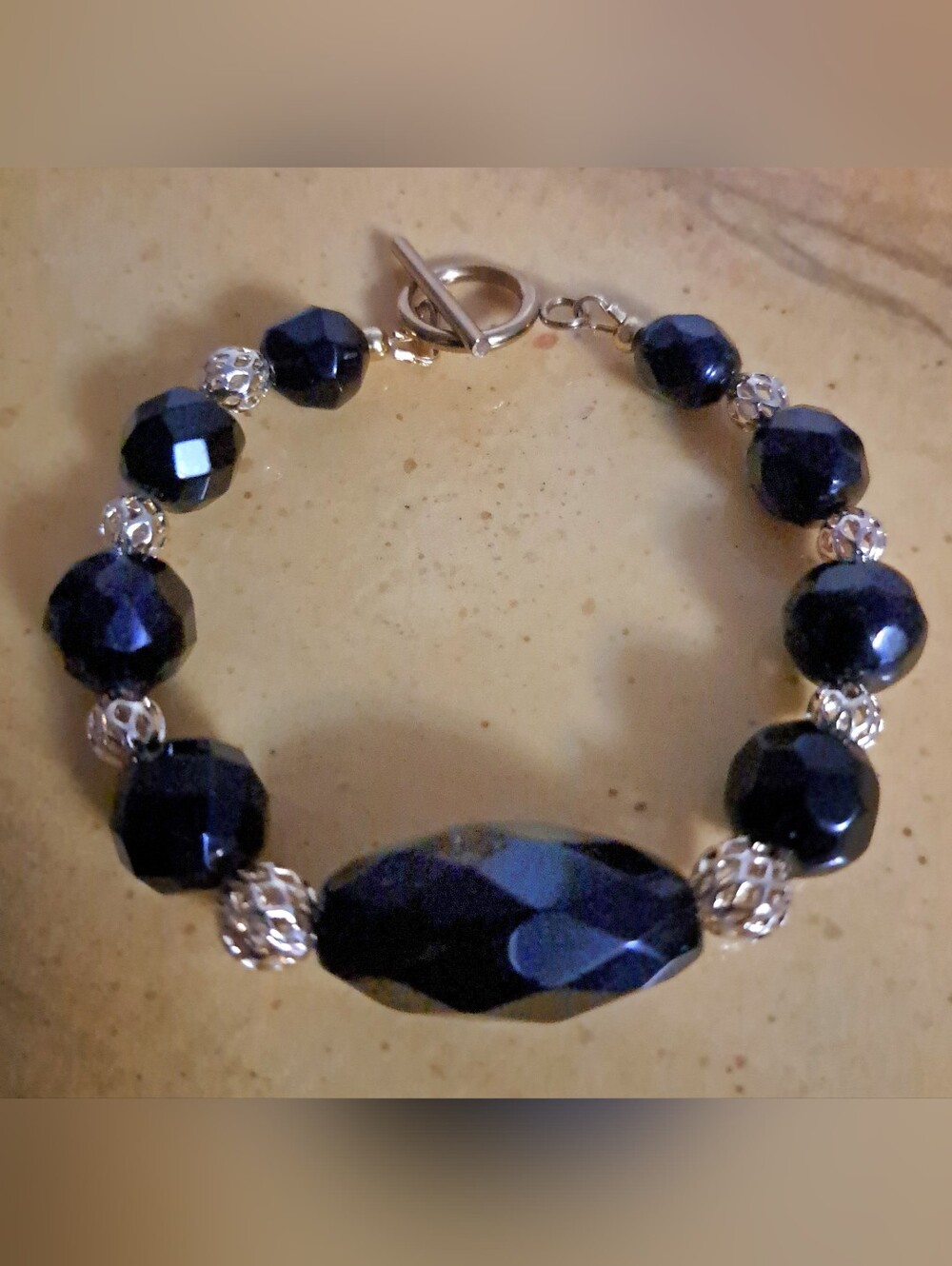 Faceted Black Glass & 14K Gold Plated Cage Bead Bracelet, Stainless Steel Clasp